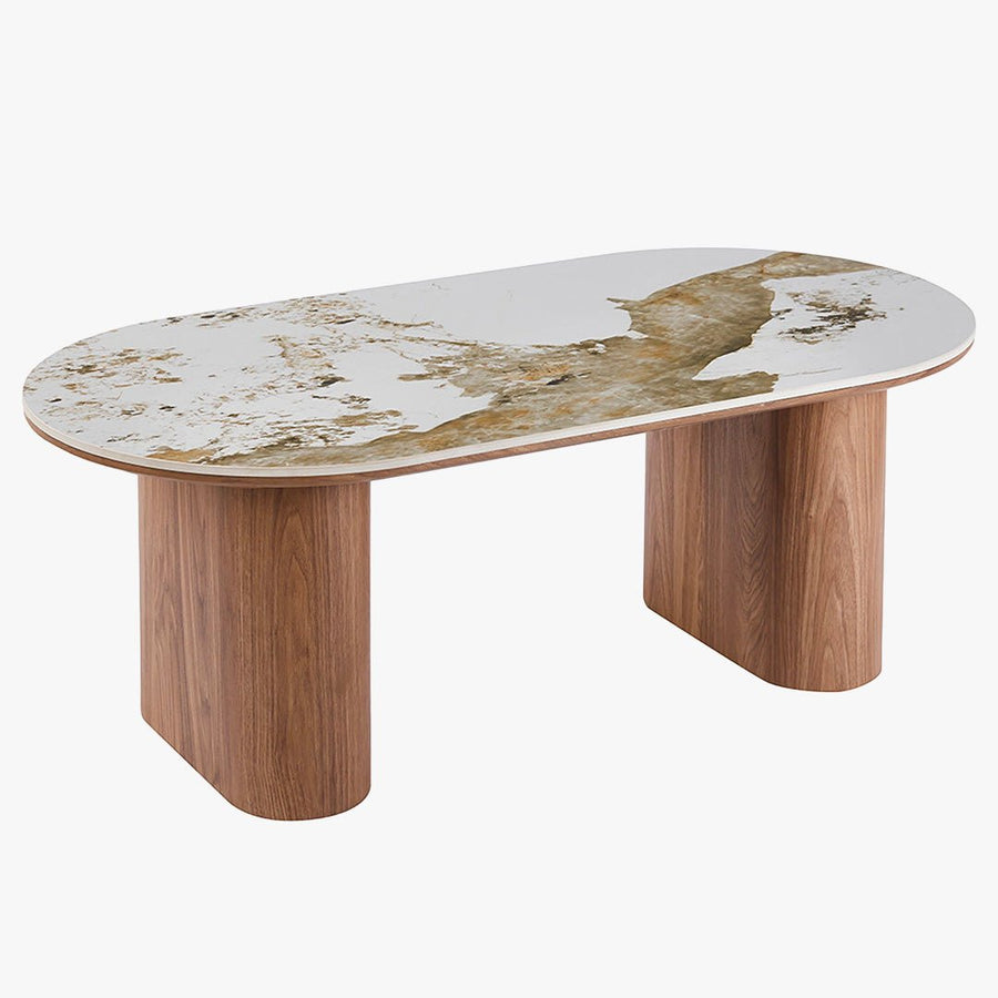 EVORA Table basse en pierre frittée blanc pieds couleur bois clair