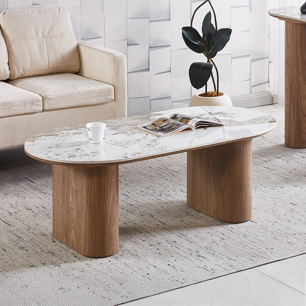 EVORA Table basse en pierre frittée blanc pieds couleur bois clair