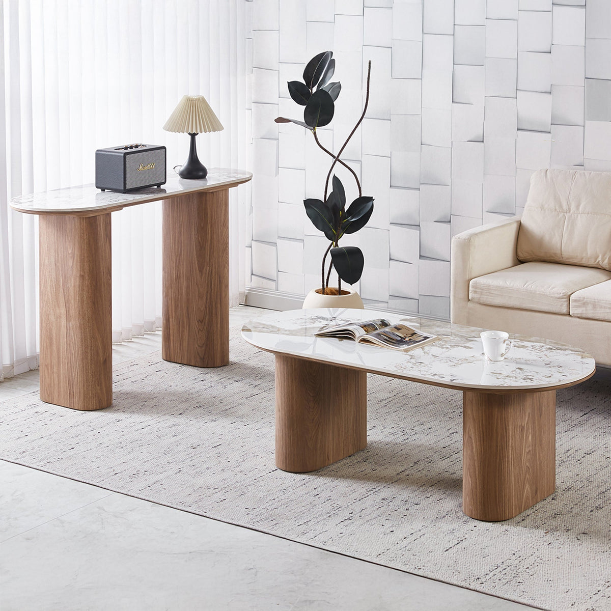 EVORA Table basse en pierre frittée blanc pieds couleur bois clair