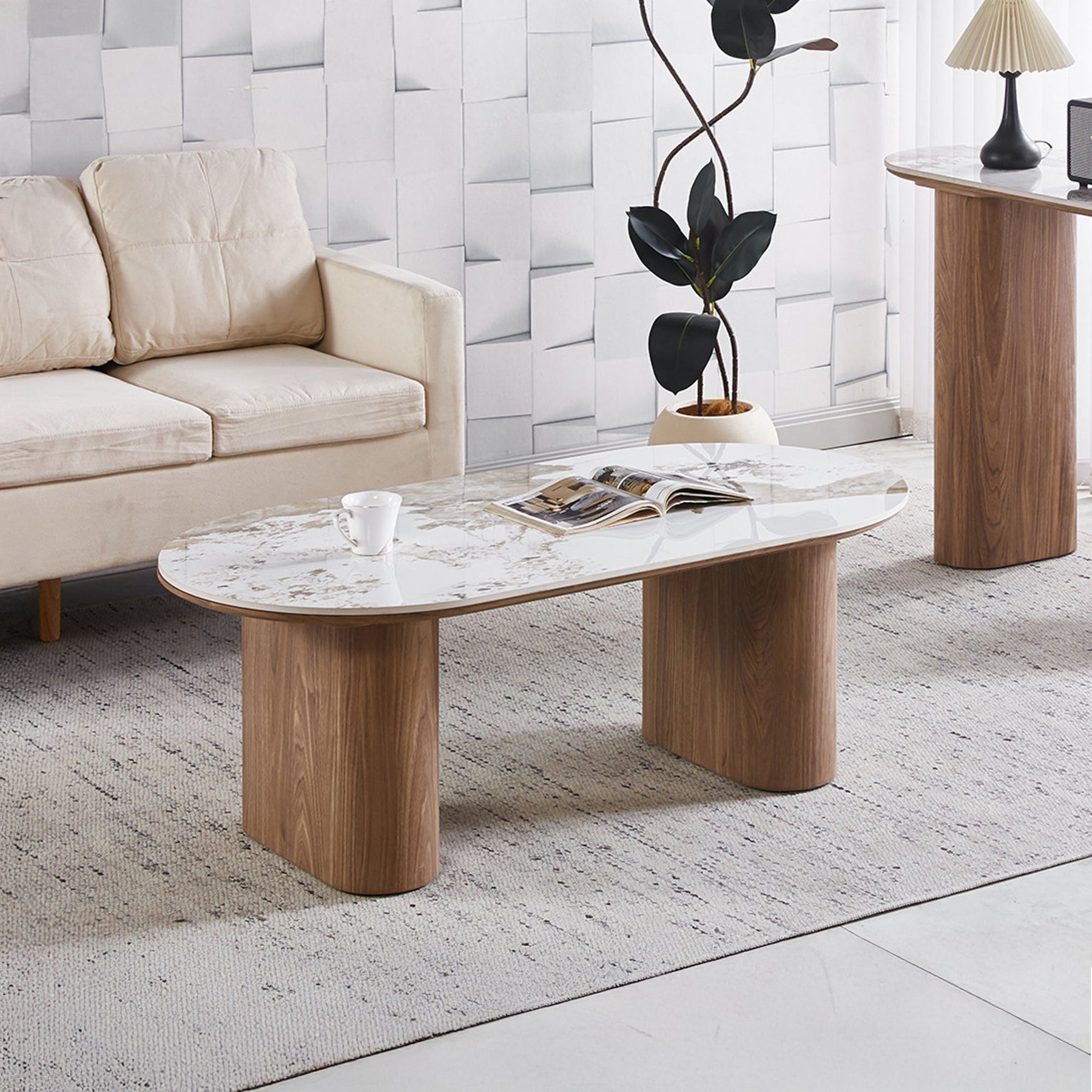 EVORA Table basse en pierre frittée blanc pieds couleur bois clair
