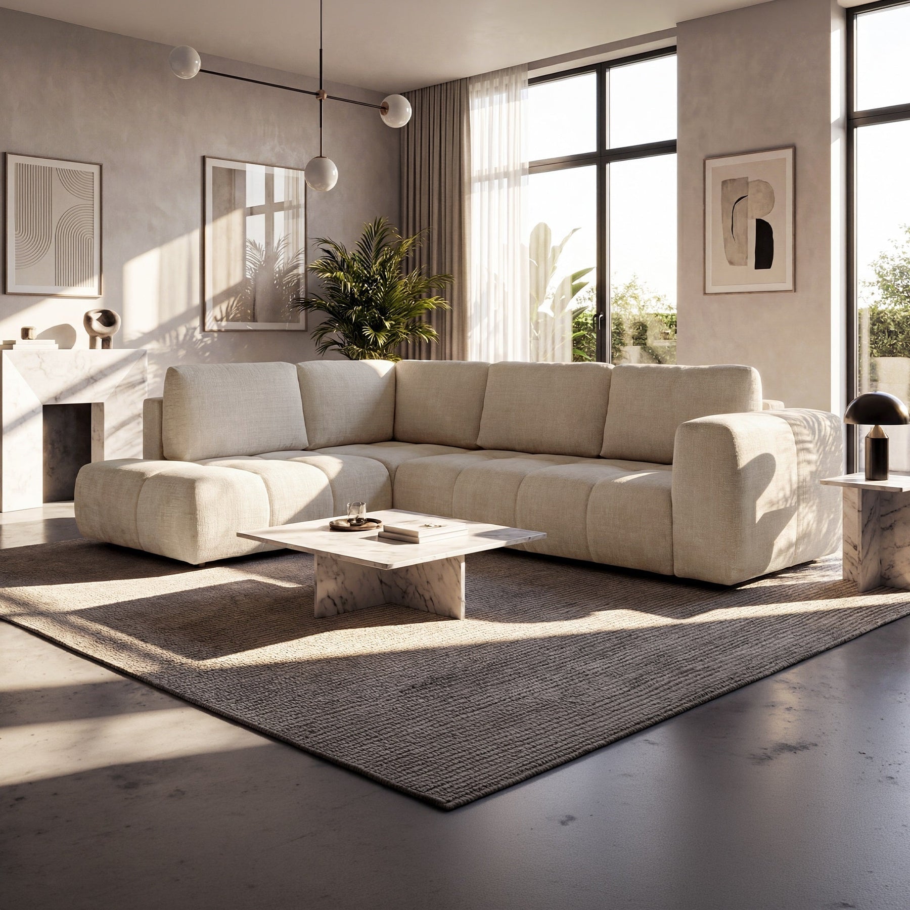 FANY Canapé d'angle convertible en tissu beige - Angle gauche