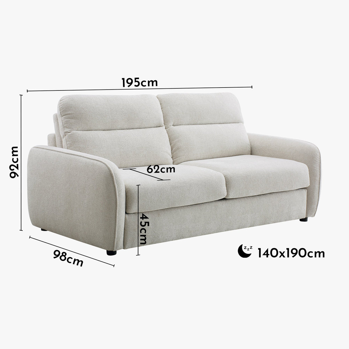 FELYA Canapé 3 places convertible matelas 12 cm en tissu écru