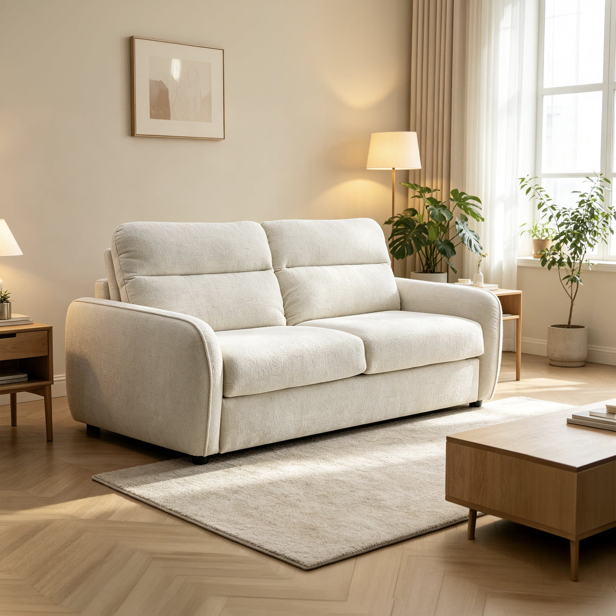 FELYA Canapé 3 places convertible matelas 12 cm en tissu écru
