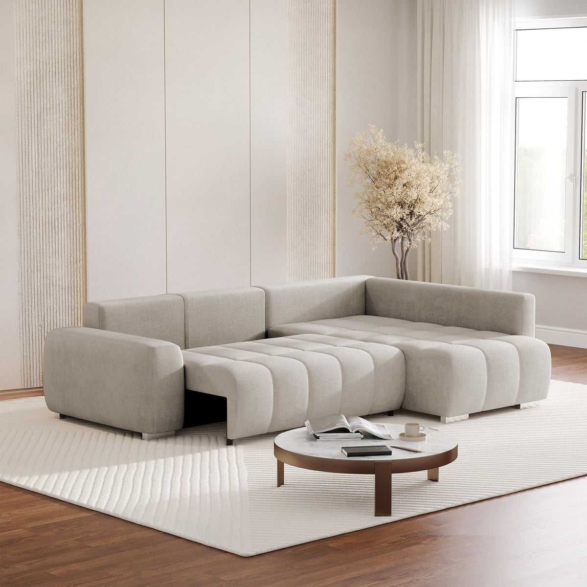 GYLIAN Canapé d'angle réversible et convertible avec coffre en tissu beige