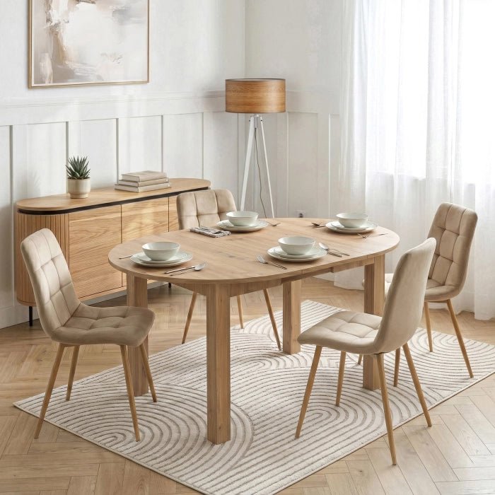HARRY Table à manger ronde extensible couleur bois clair pieds métal noir 102-142 cm