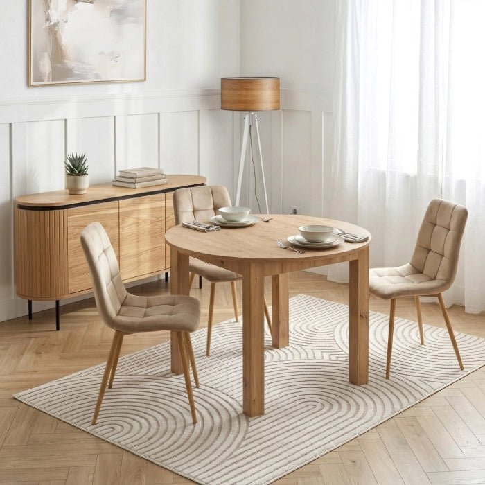 HARRY Table à manger ronde extensible couleur bois clair pieds métal noir 102-142 cm