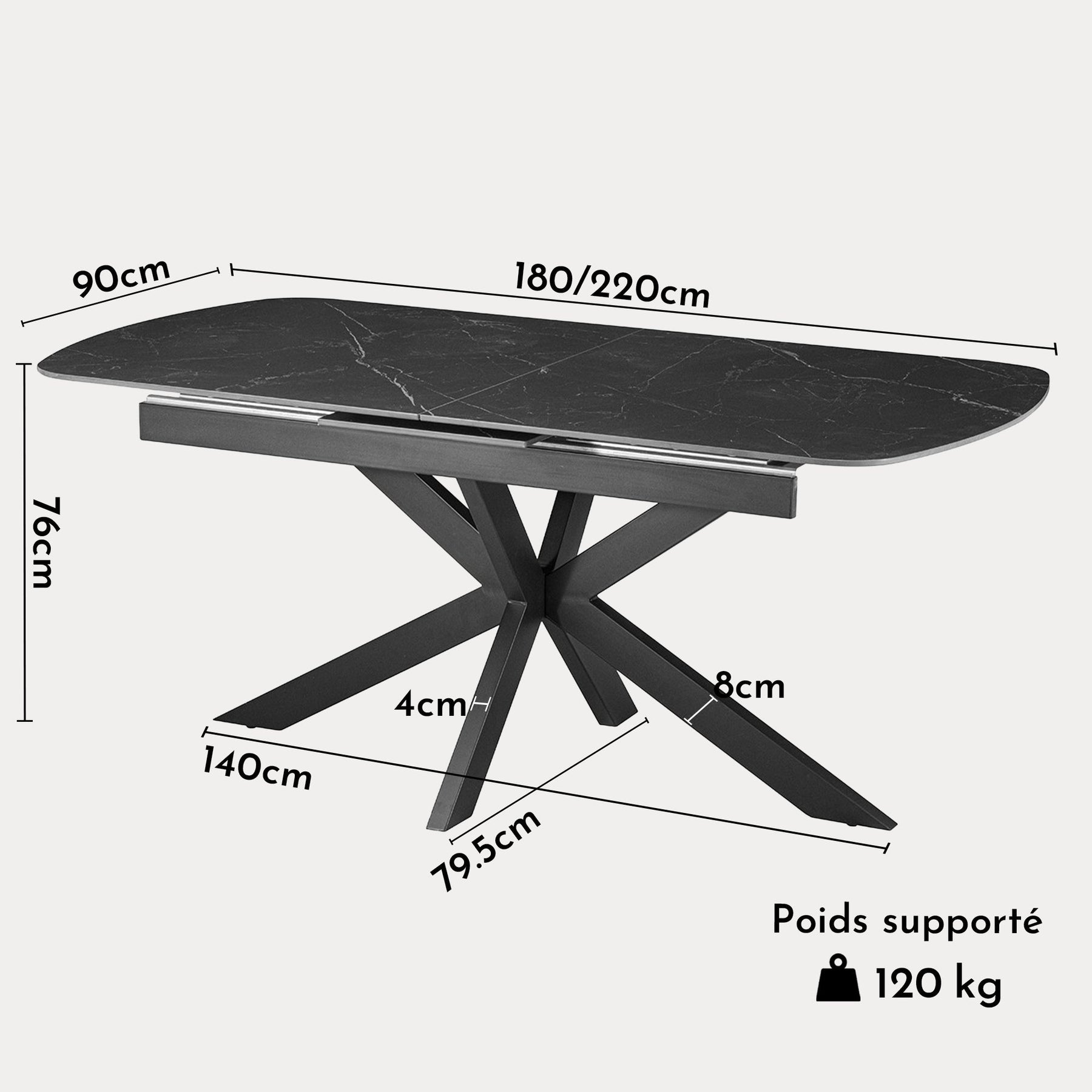 HESTIA Table extensible rectangulaire en pierre frittée noir pieds en métal noir 180-220 cm
