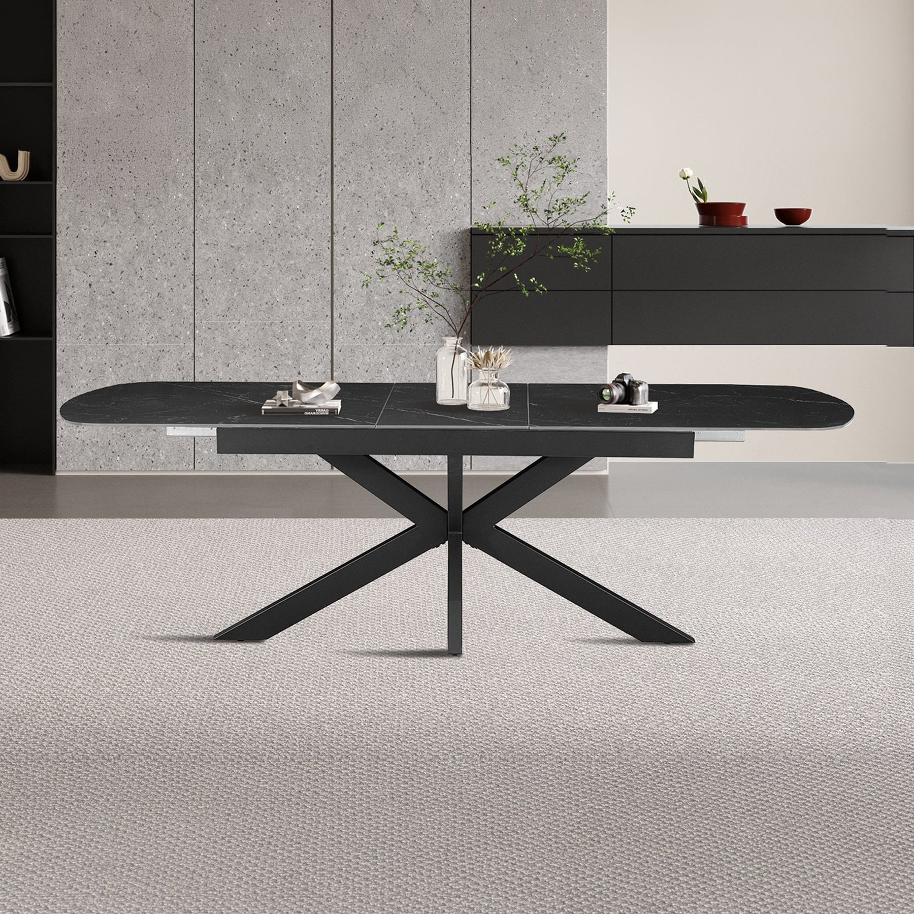 HESTIA Table extensible rectangulaire en pierre frittée noir pieds en métal noir 180-220 cm