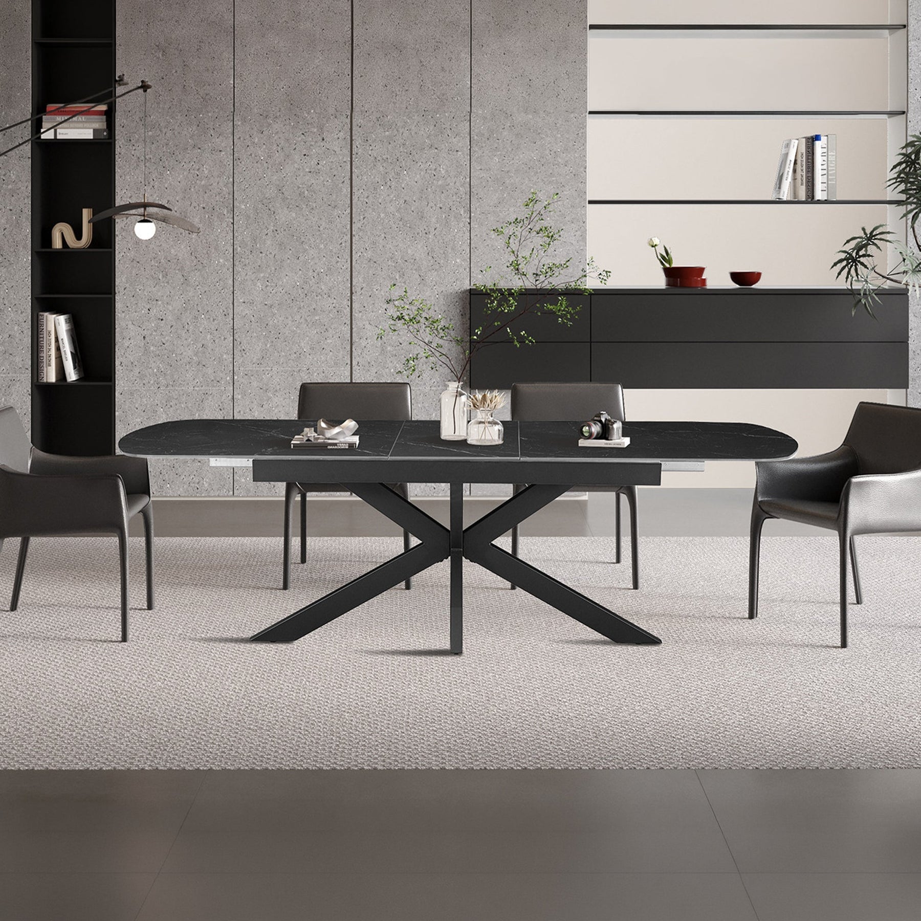 HESTIA Table extensible rectangulaire en pierre frittée noir pieds en métal noir 180-220 cm
