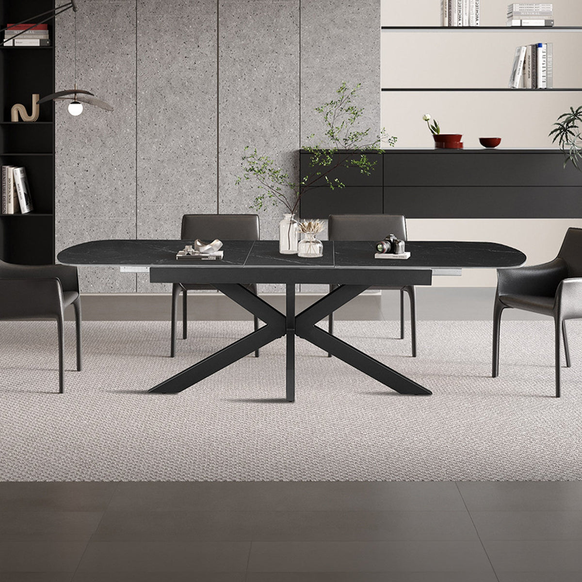HESTIA Table extensible rectangulaire en pierre frittée noir pieds en métal noir 180-220 cm