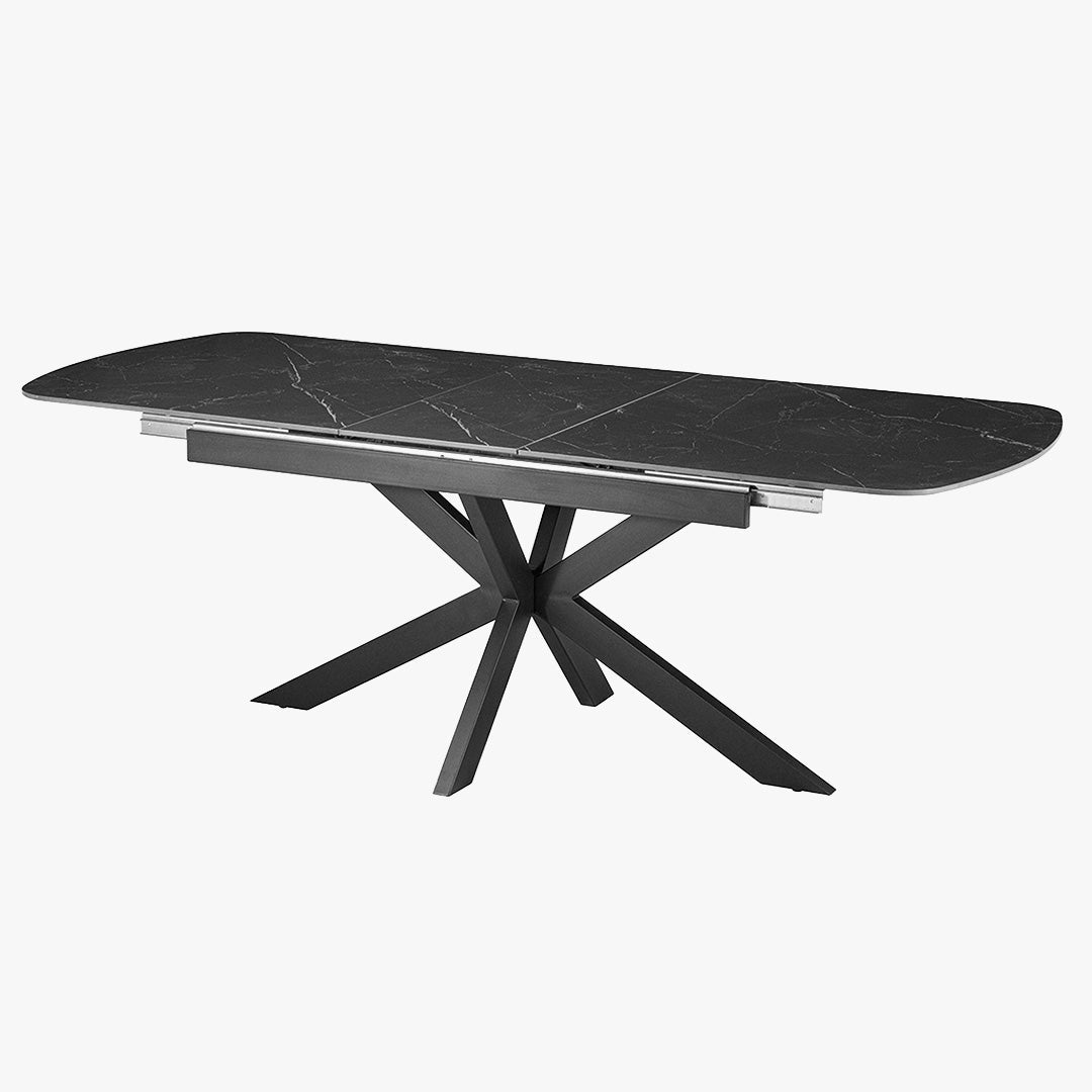 HESTIA Table extensible rectangulaire en pierre frittée noir pieds en métal noir 180-220 cm