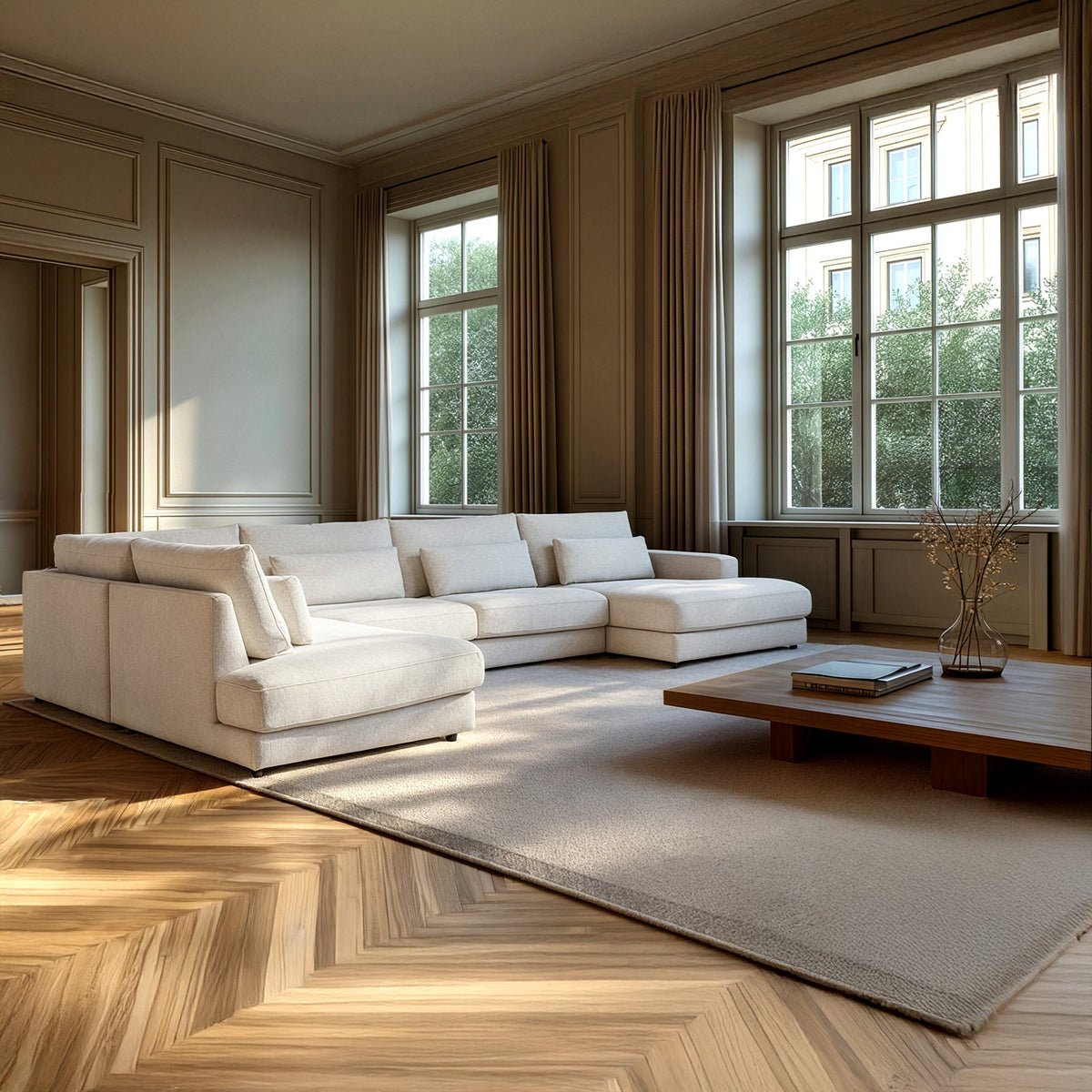 HILONA U Canapé panoramique tissu beige - Angle droit