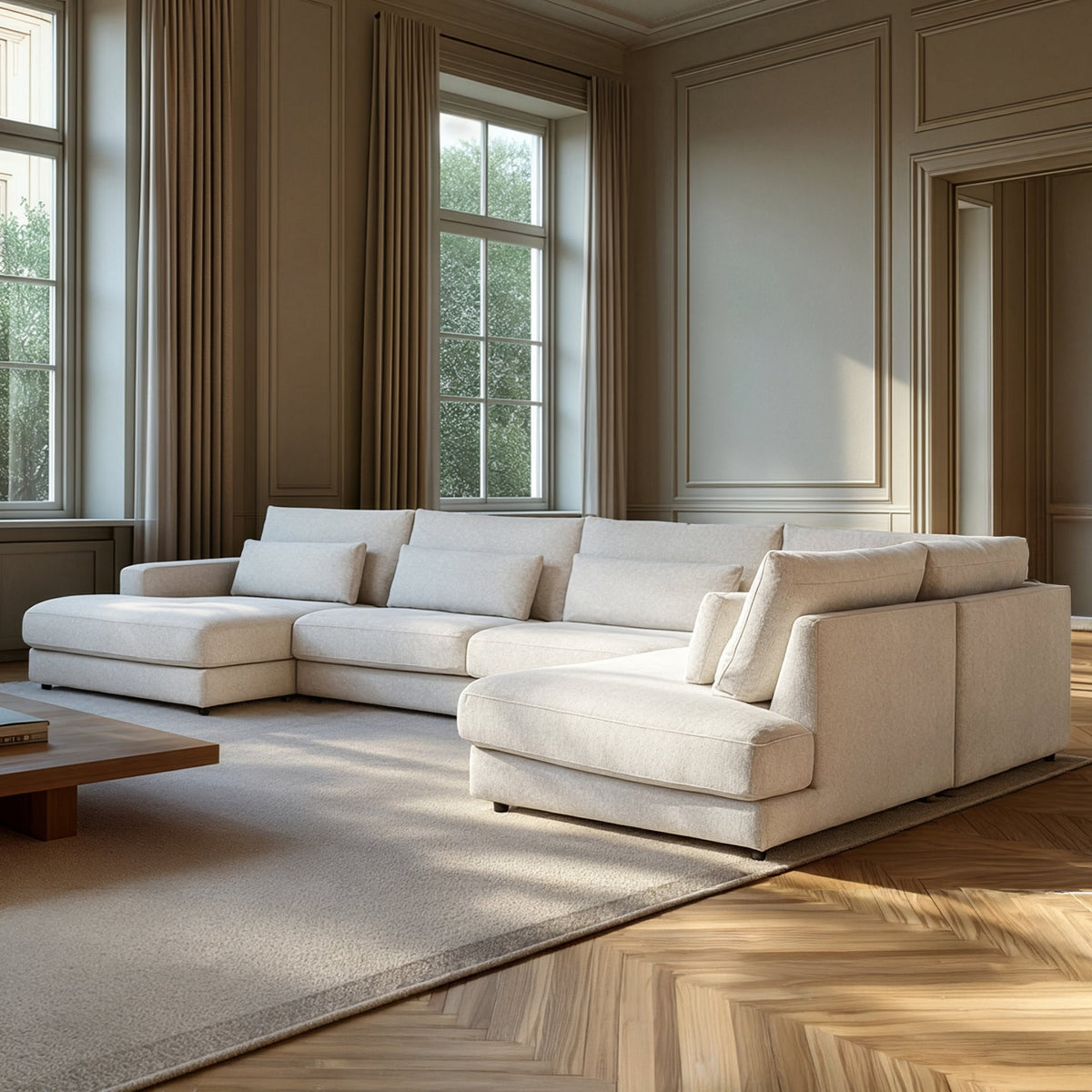 HILONA U Canapé panoramique tissu beige - Angle gauche