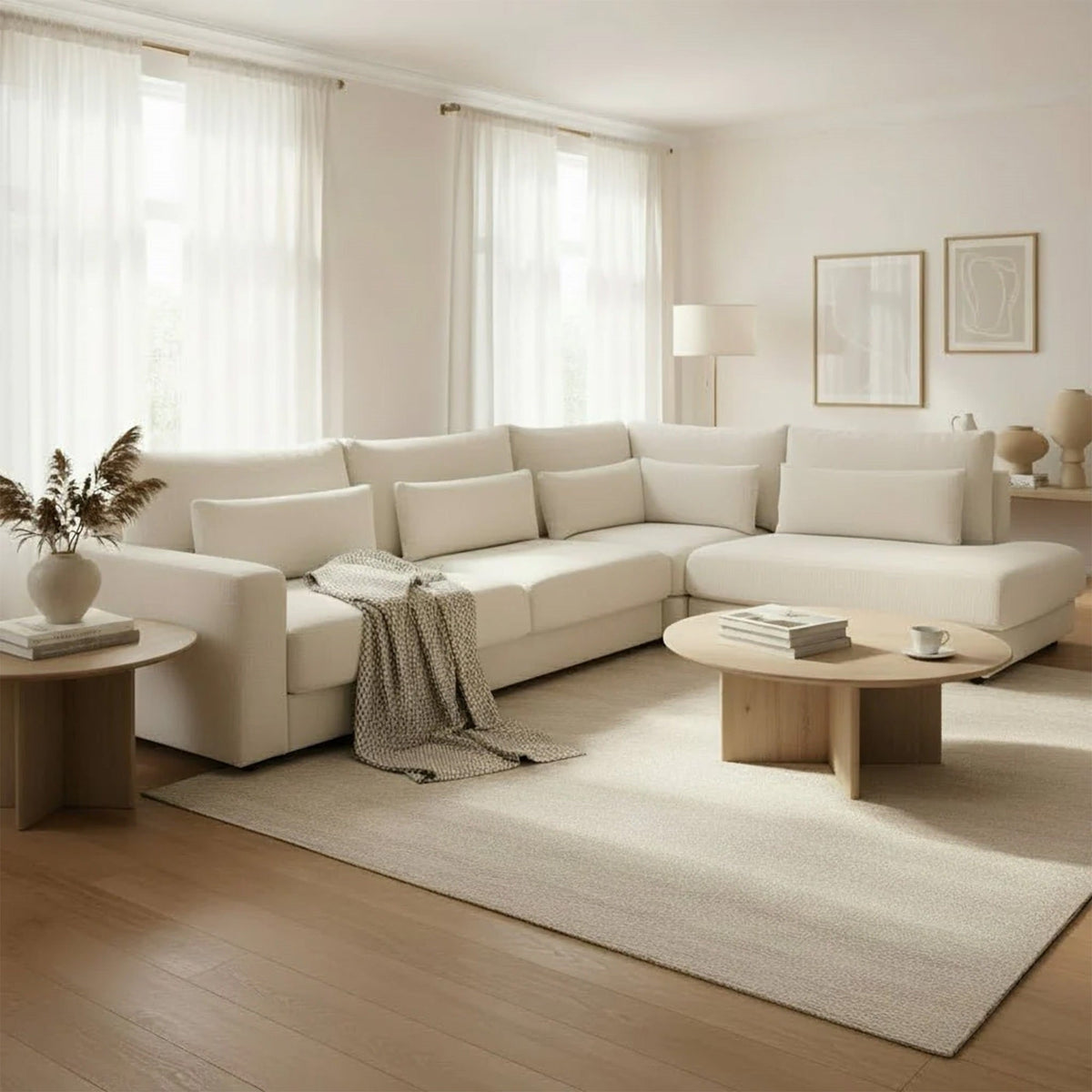 HILONA XL Canapé d'angle en tissu beige - Angle droit
