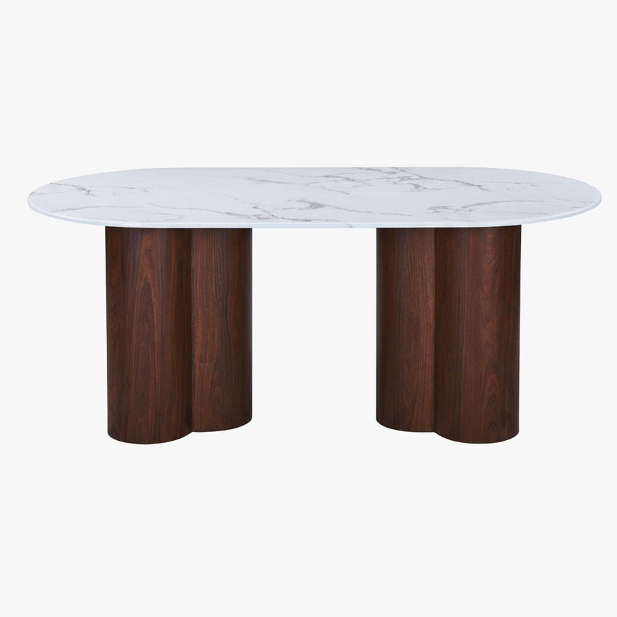 JASMINA XL Table à manger ovale en marbre composite pieds couleur bois foncé 180 cm