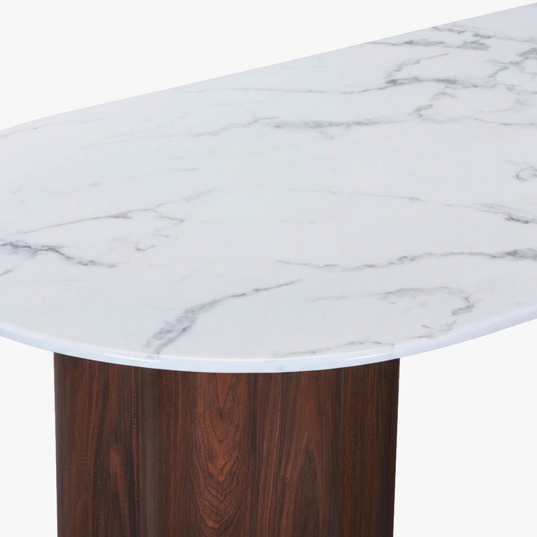 JASMINA XL Table à manger ovale en marbre composite pieds couleur bois foncé 180 cm