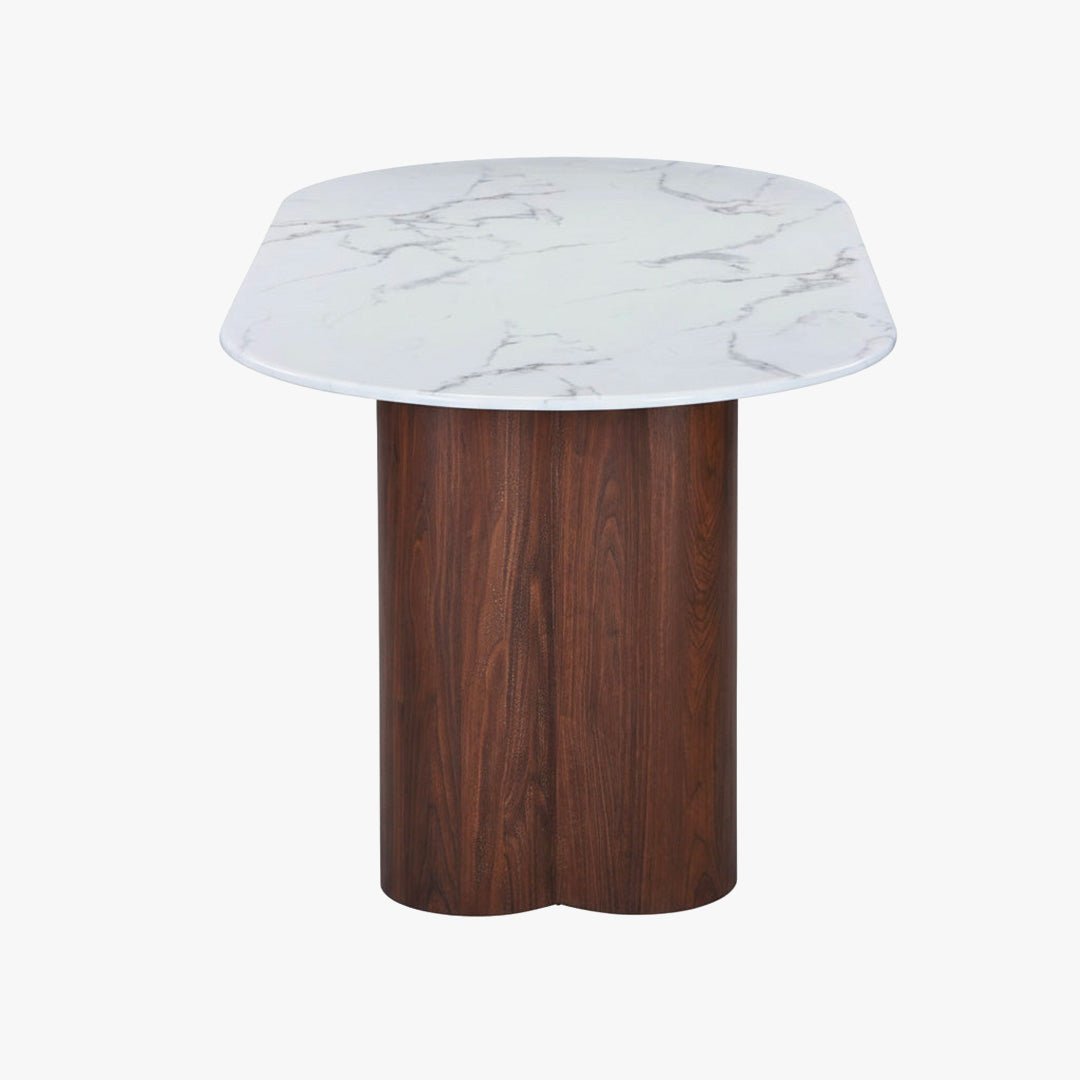 JASMINA XL Table à manger ovale en marbre composite pieds couleur bois foncé 180 cm
