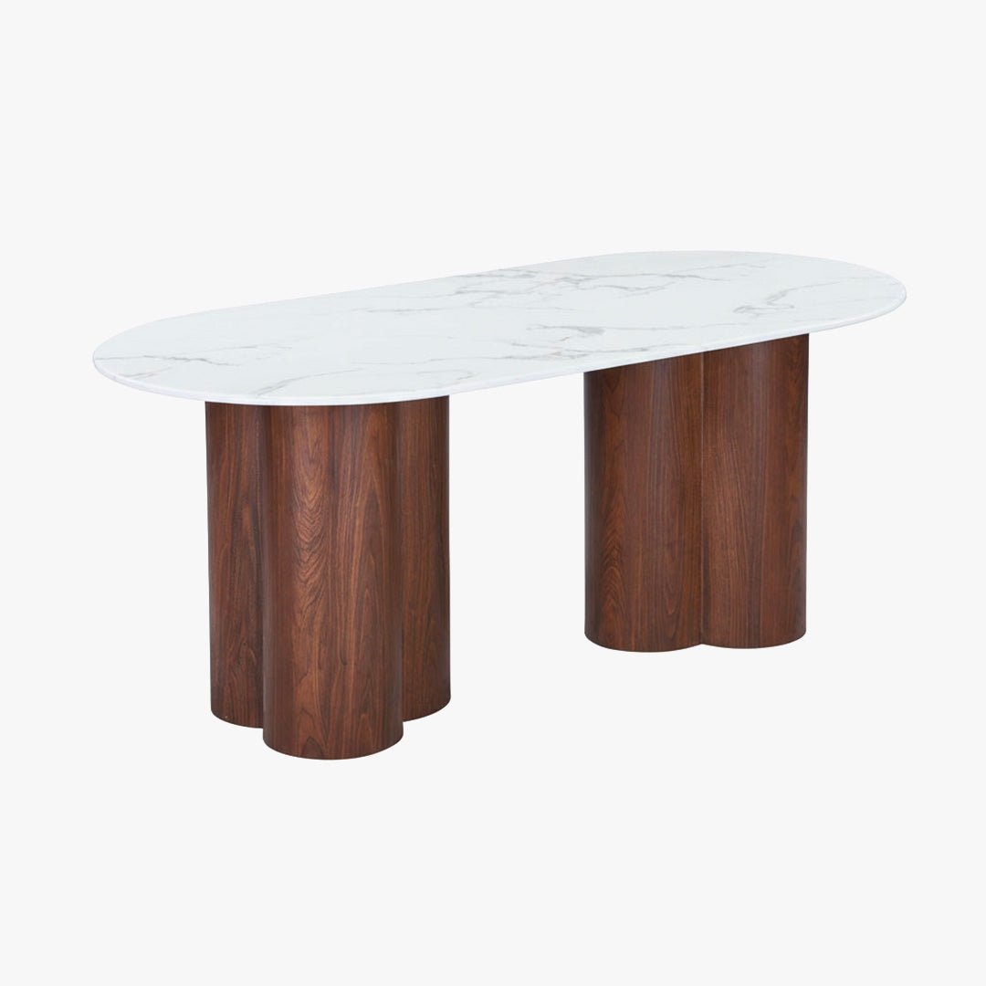JASMINA XL Table à manger ovale en marbre composite pieds couleur bois foncé 180 cm