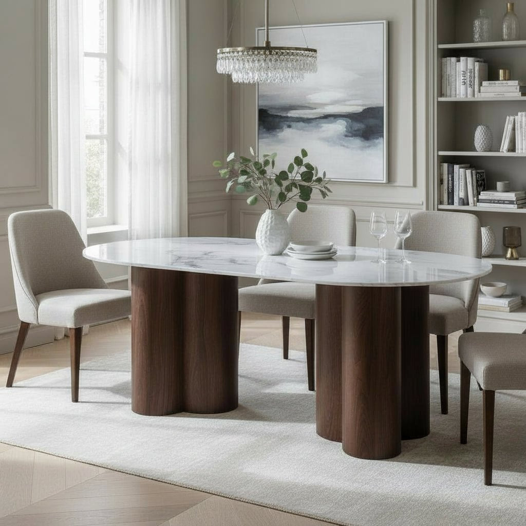 JASMINA XL Table à manger ovale en marbre composite pieds couleur bois foncé 180 cm