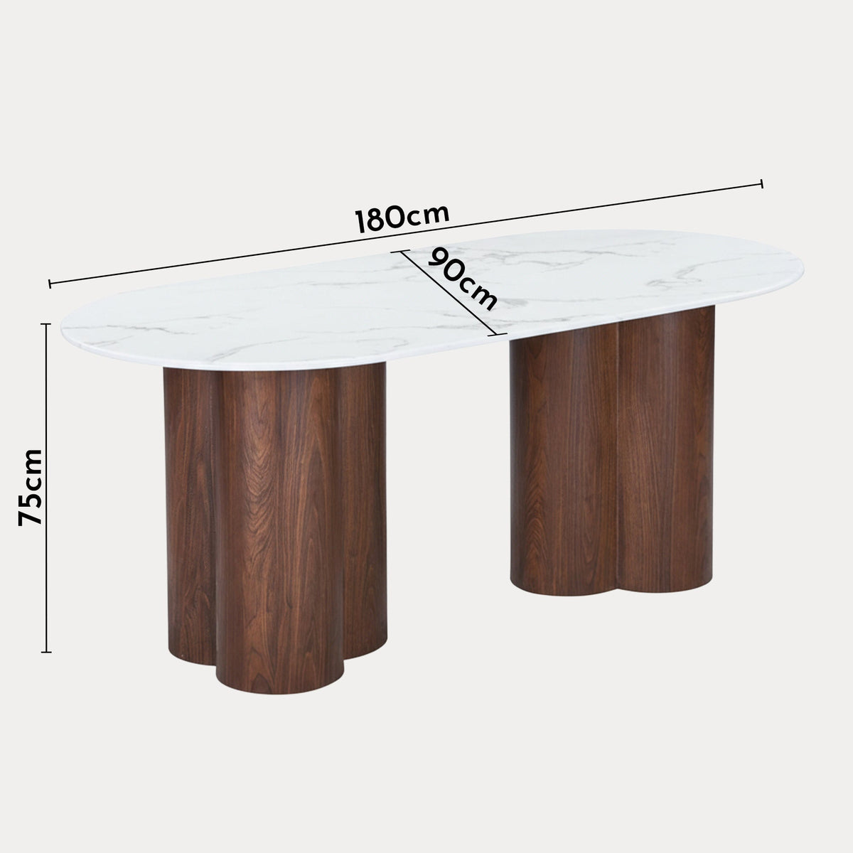 JASMINA XL Table à manger ovale en marbre composite pieds couleur bois foncé 180 cm
