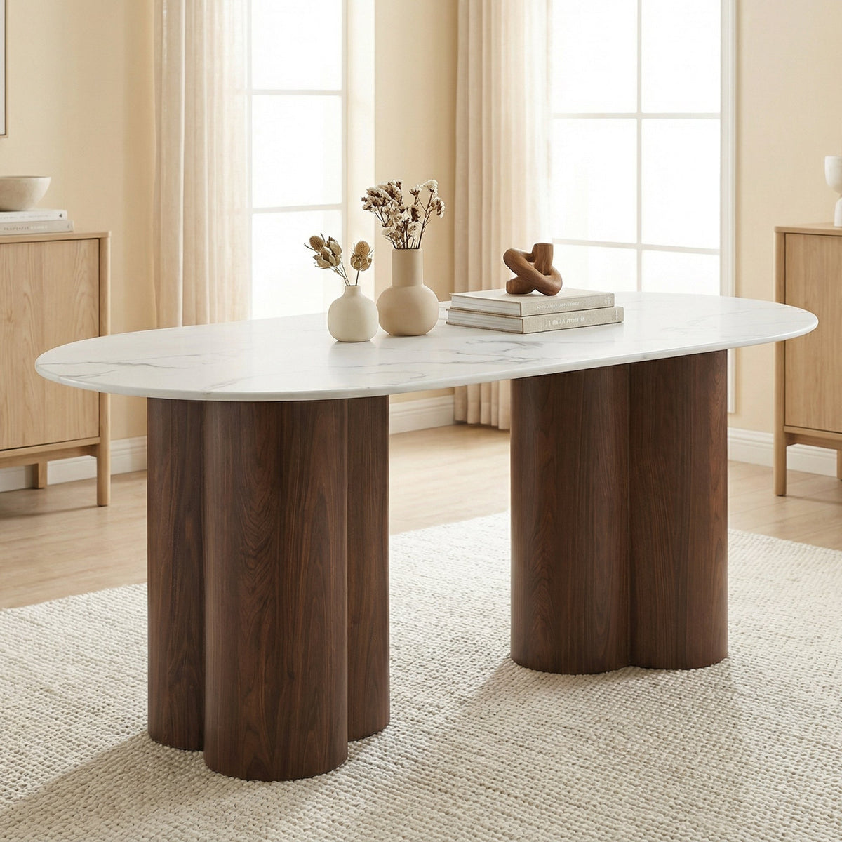 JASMINA XL Table à manger ovale en marbre composite pieds couleur bois foncé 180 cm