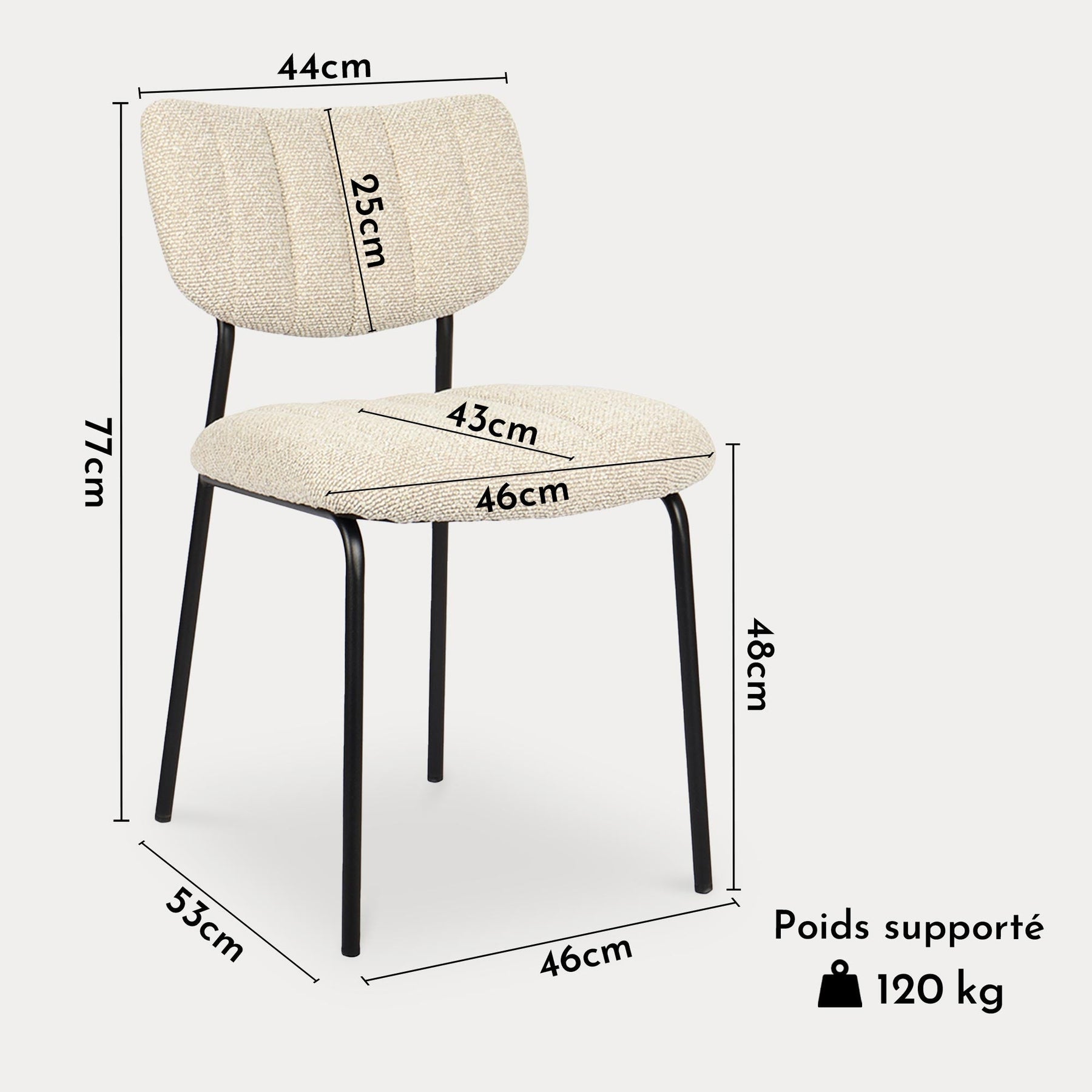 JAYDA Lot de 2 chaises en tissu beige piètement métal noir