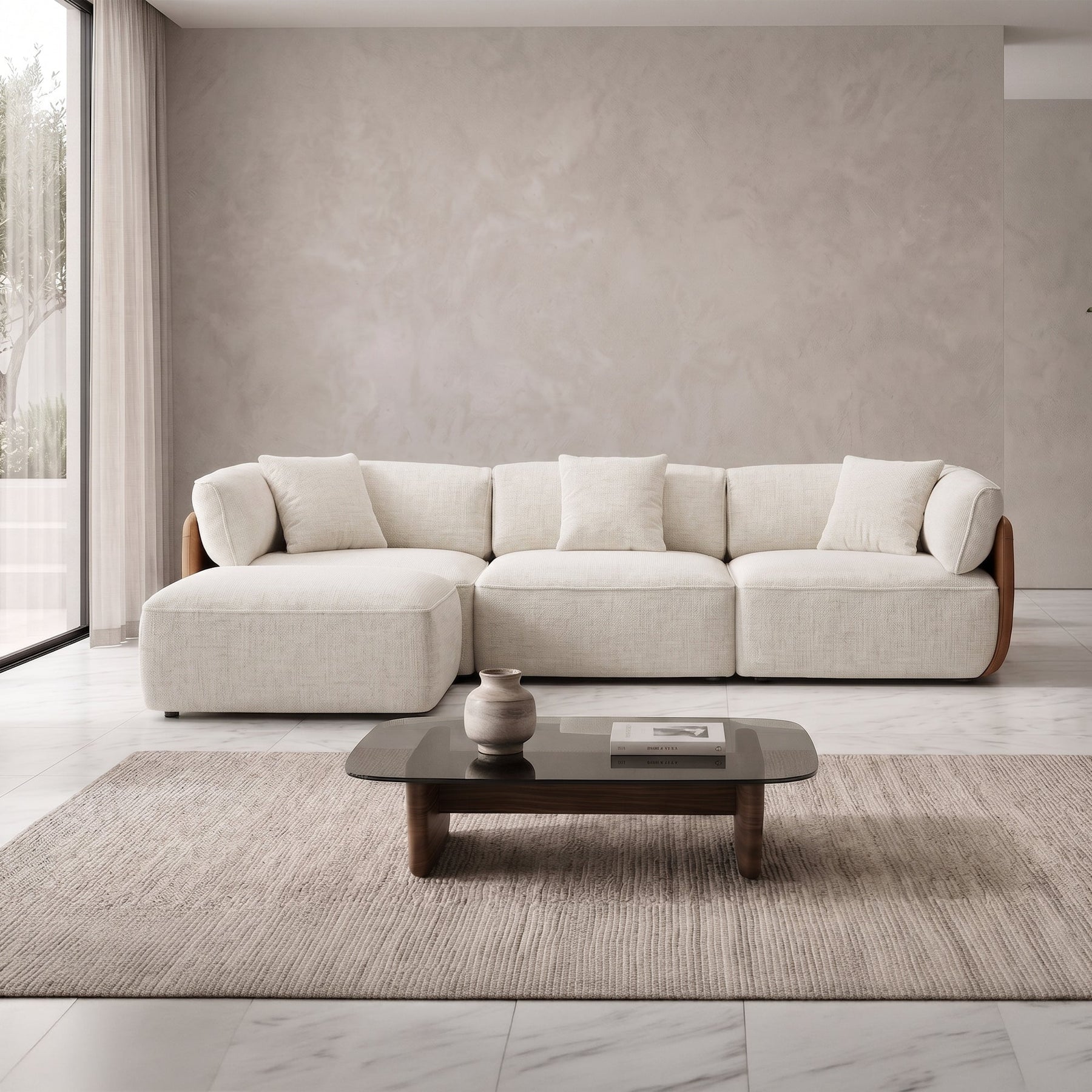 JENY Canapé d'angle modulable en tissu beige dossier en simili cuir marron