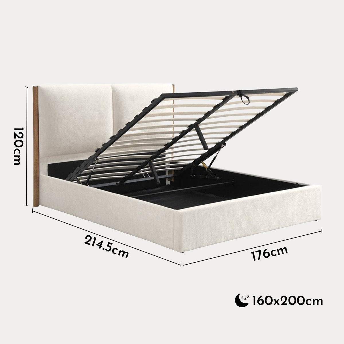 JUNA Lit double en tissu beige et bois avec coffre 160x200 cm