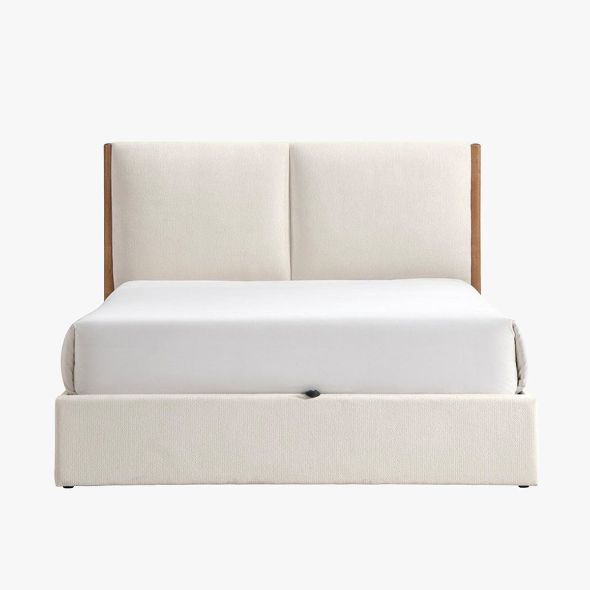 JUNA Lit double en tissu beige et bois avec coffre 160x200 cm