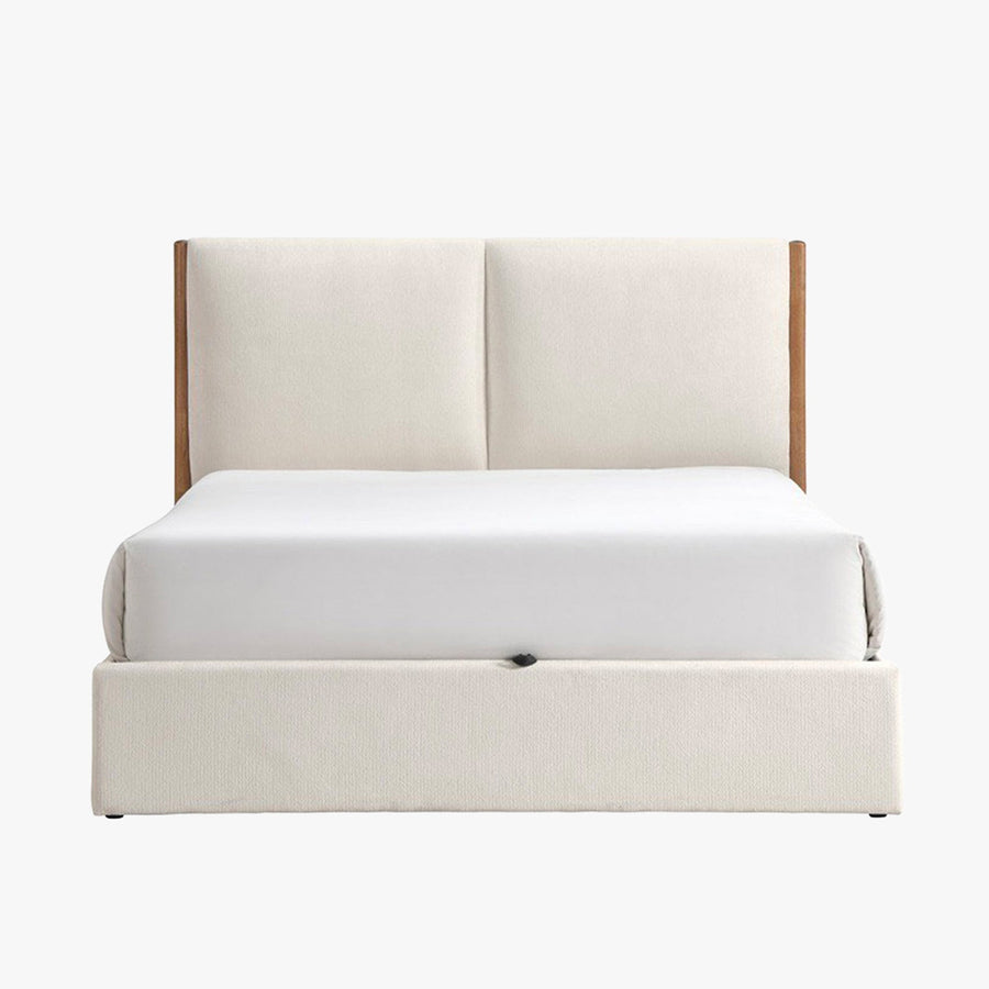 JUNA Lit double en tissu beige et bois avec coffre 160x200 cm