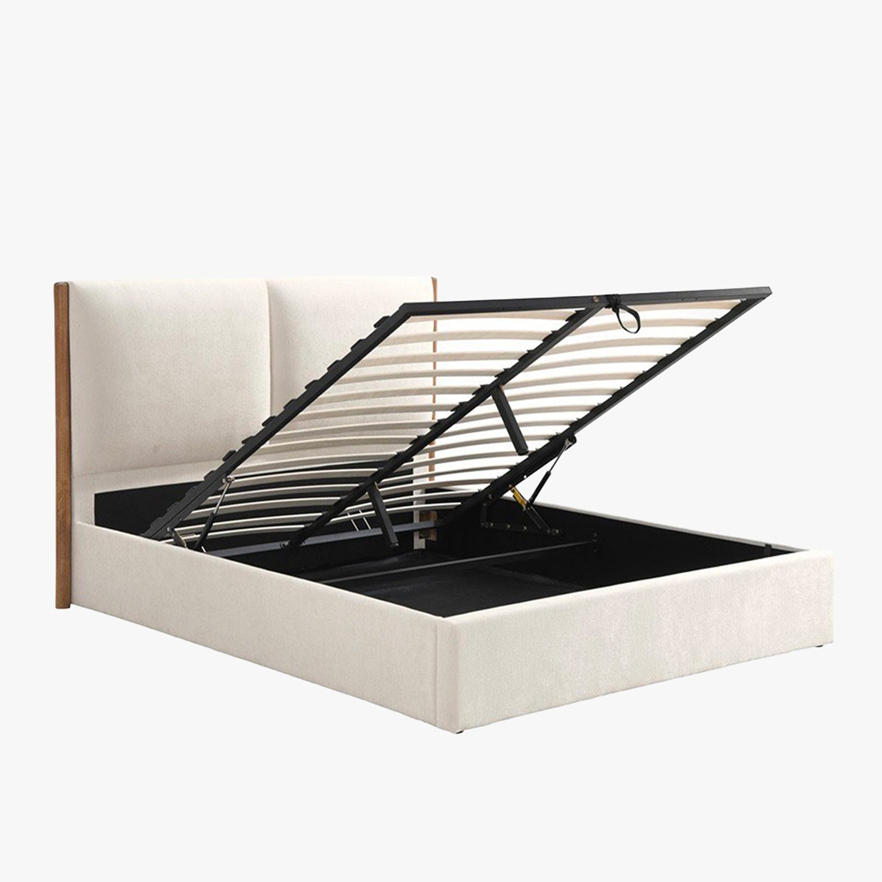 JUNA Lit double en tissu beige et bois avec coffre 160x200 cm