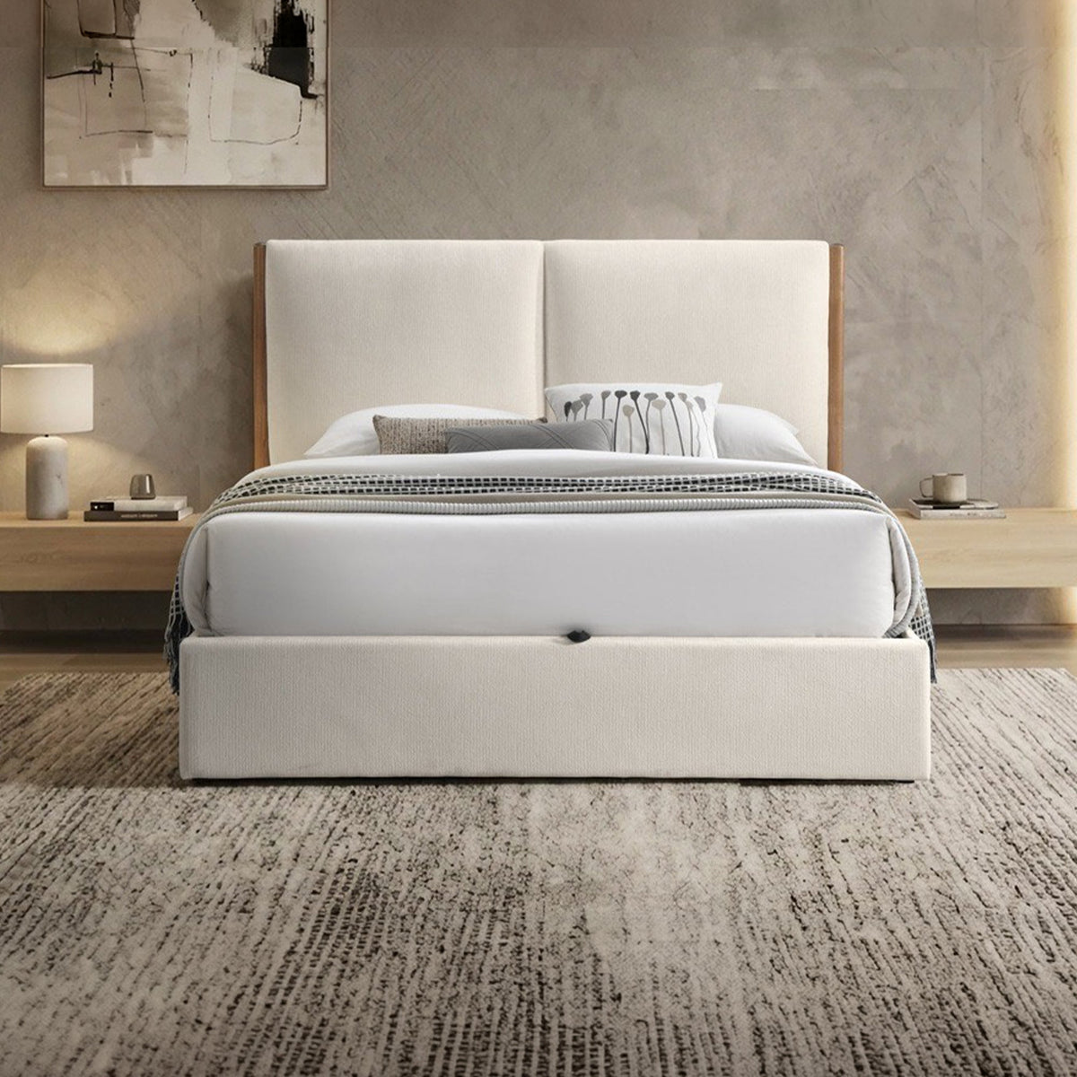 JUNA Lit double en tissu beige et bois avec coffre 160x200 cm
