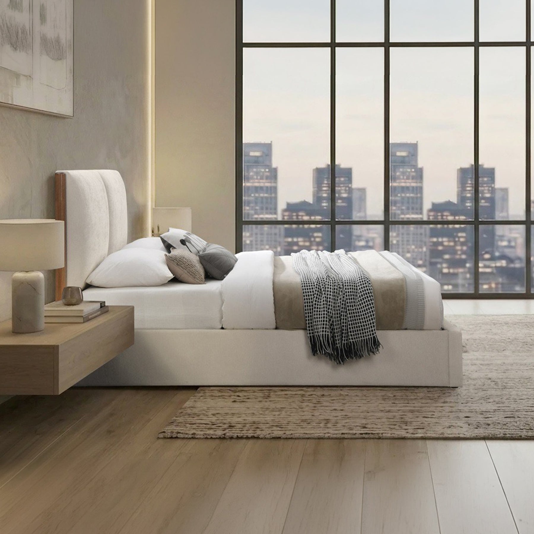 JUNA Lit double en tissu beige et bois avec coffre 160x200 cm