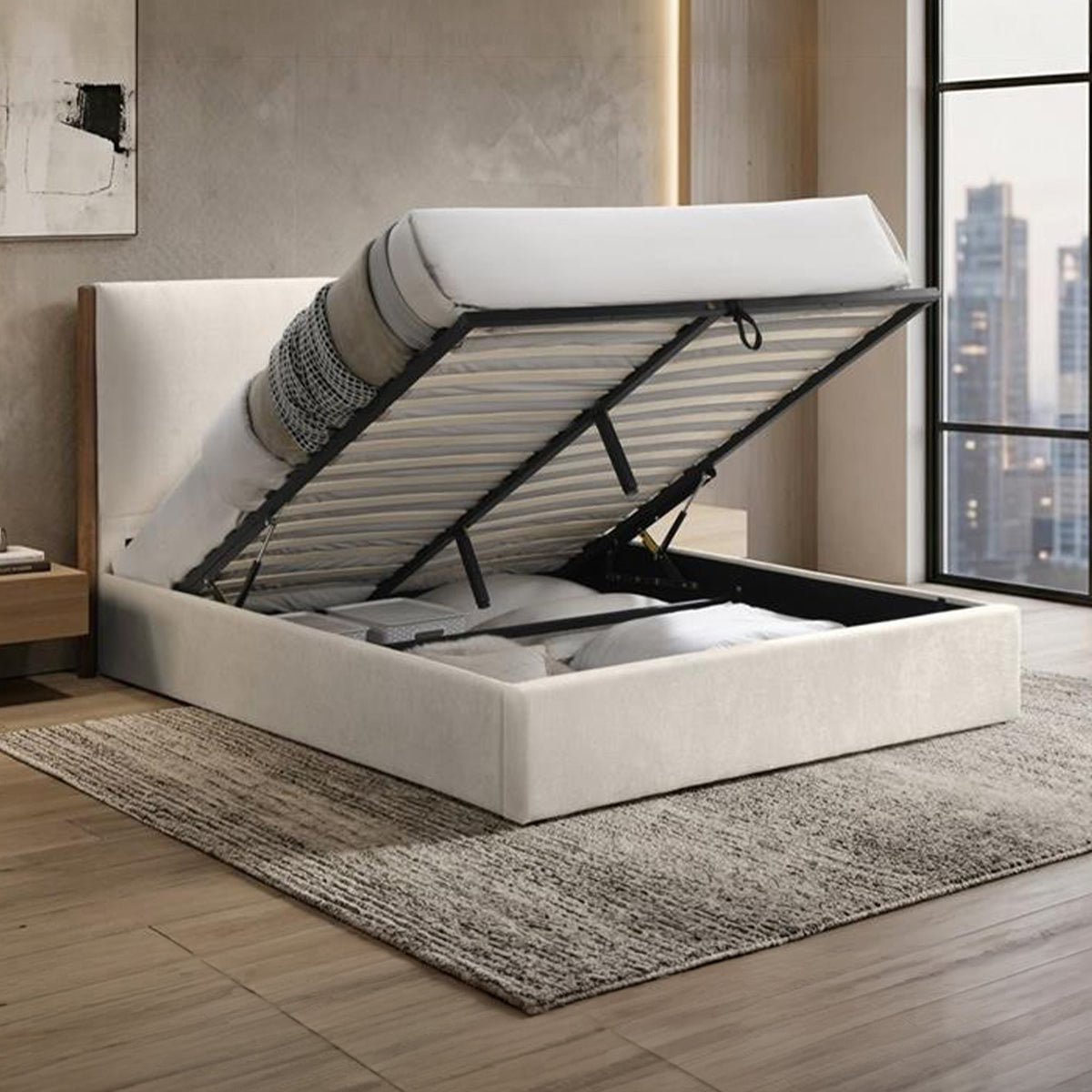 JUNA Lit double en tissu beige et bois avec coffre 160x200 cm