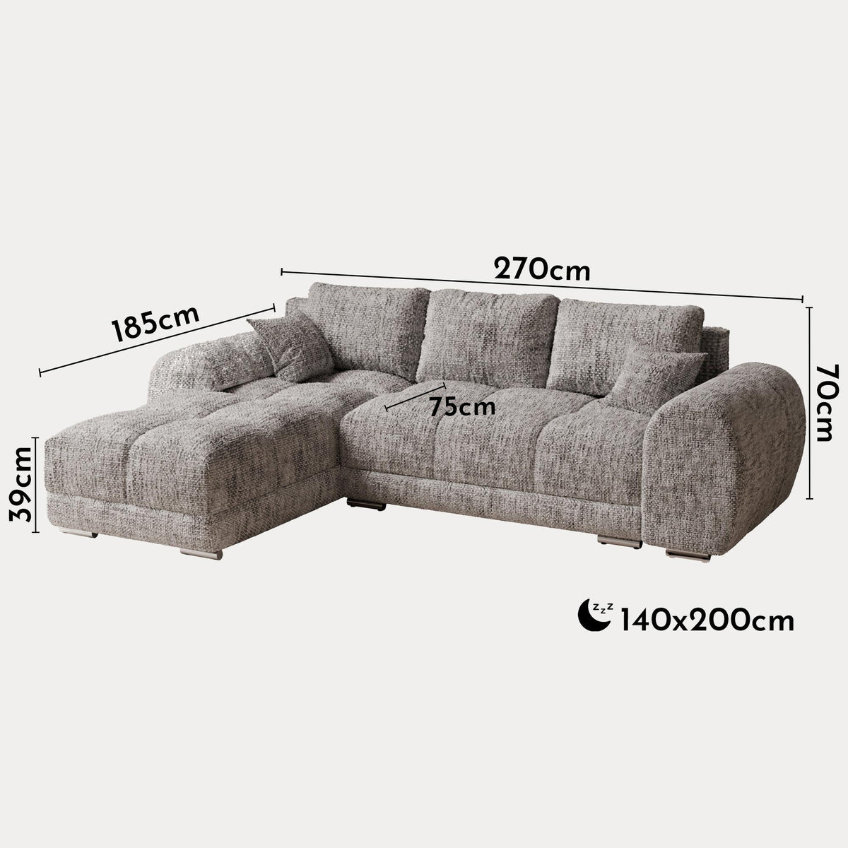 KAMILIA Canapé d'angle convertible avec coffre en tissu gris - Angle gauche