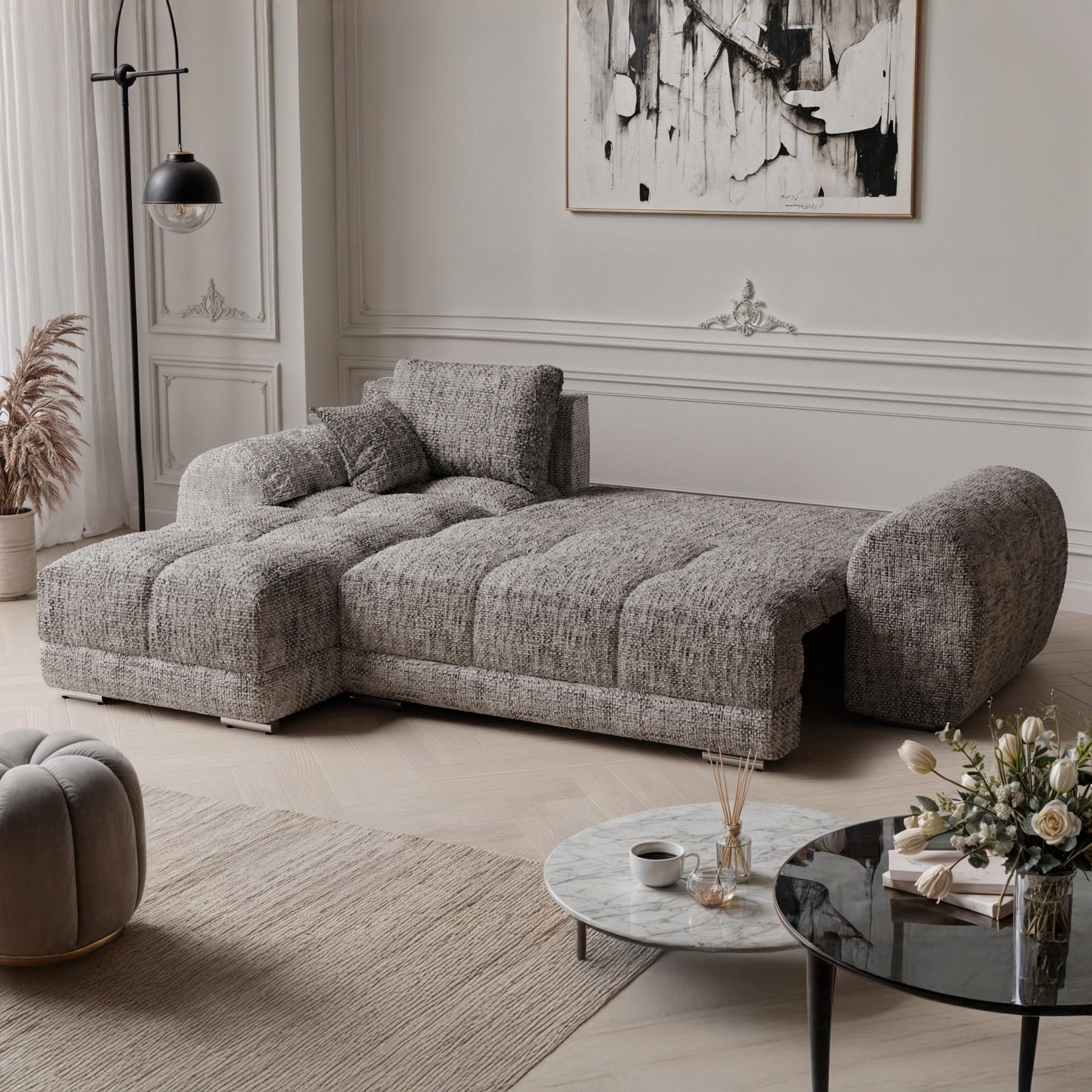 KAMILIA Canapé d'angle convertible avec coffre en tissu gris - Angle gauche