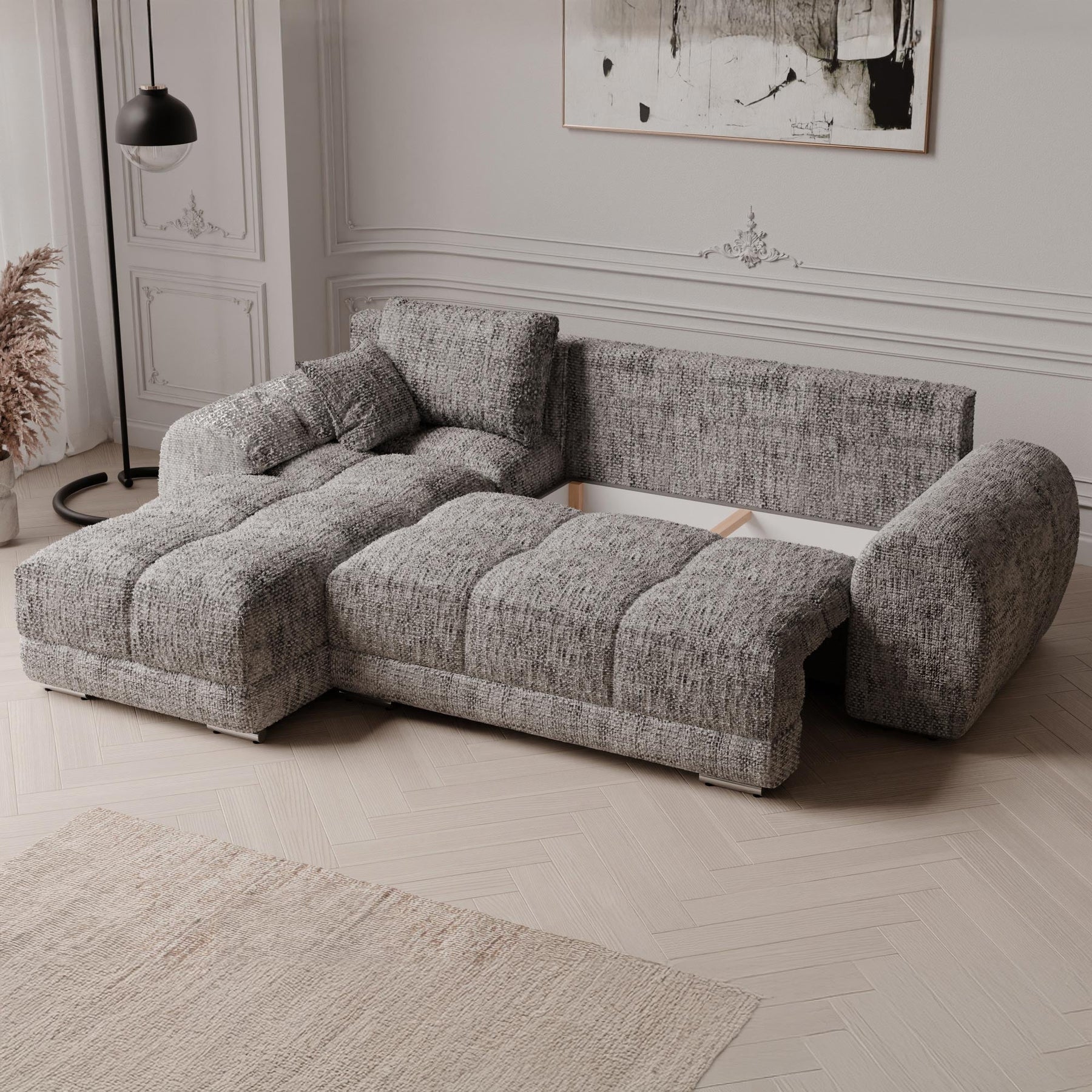 KAMILIA Canapé d'angle convertible avec coffre en tissu gris - Angle gauche