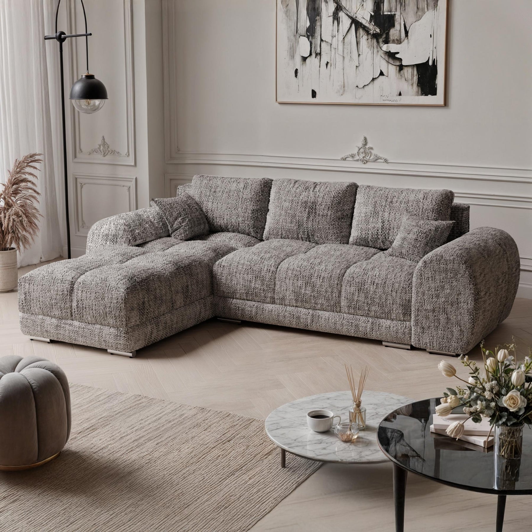 KAMILIA Canapé d'angle convertible avec coffre en tissu gris - Angle gauche