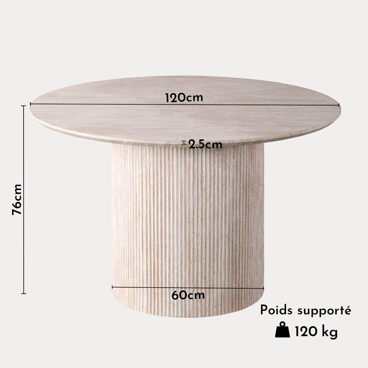 LAGOS - 120 Table à manger ronde couleur travertin 120 cm