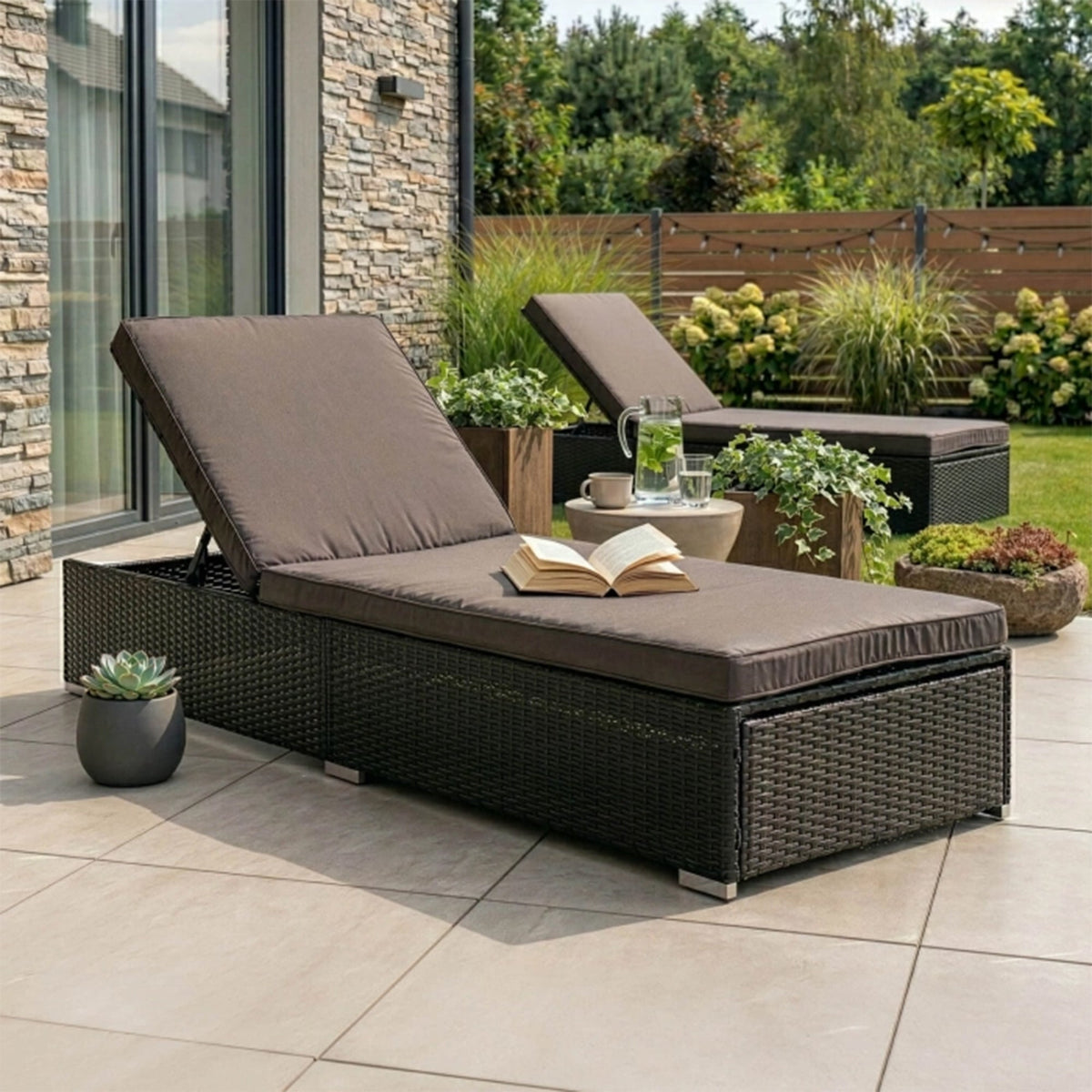LARGO Fauteuil de jardin en rotin et tissu marron