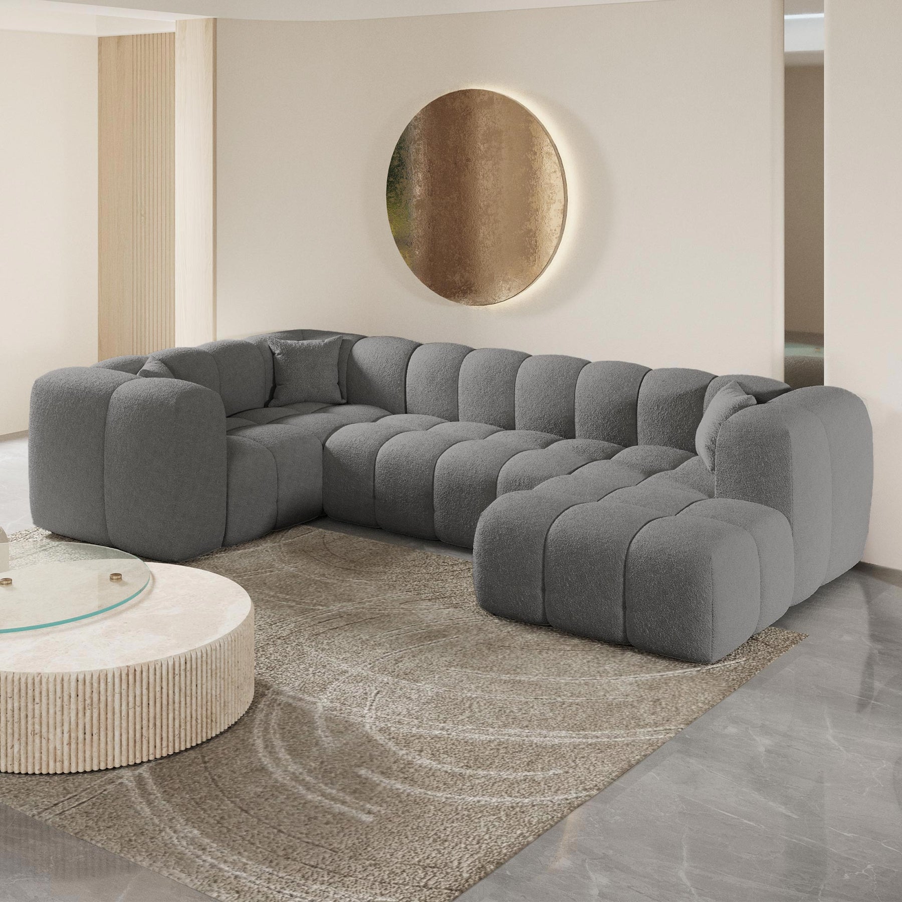 LAYANE Canapé panoramique tissu bouclette gris - Angle droit