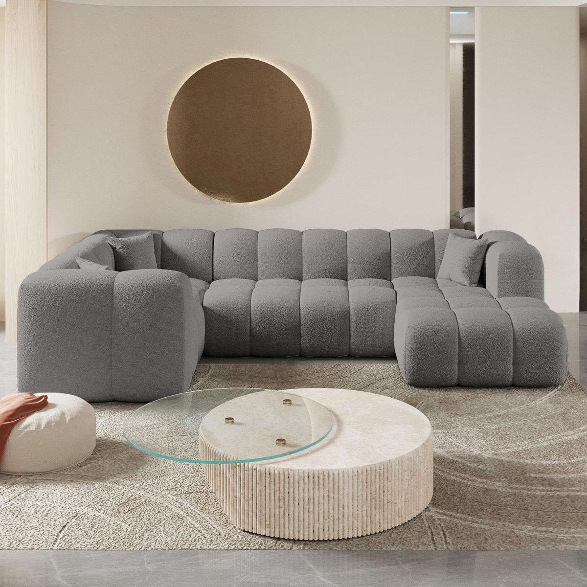 LAYANE Canapé panoramique tissu bouclette gris - Angle droit