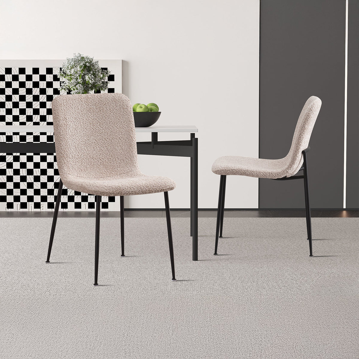 LEONOR Lot de 2 chaises en tissu bouclette beige pieds en métal noir