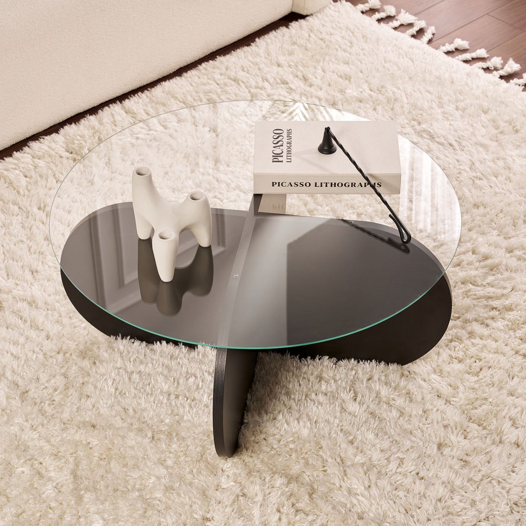 LILY Table basse ronde en verre piètement couleur bois noir D75 cm