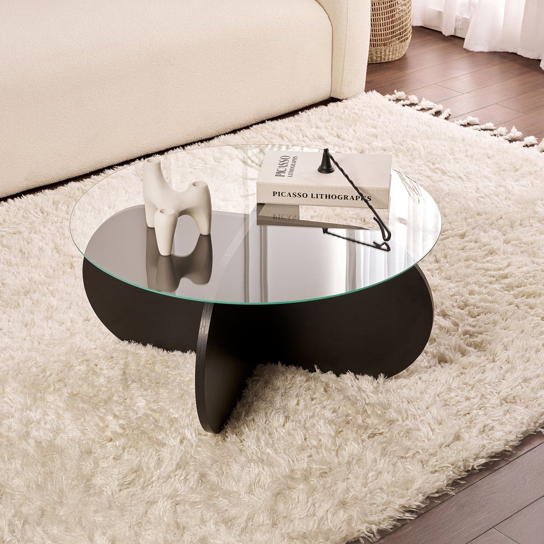 LILY Table basse ronde en verre piètement couleur bois noir D75 cm