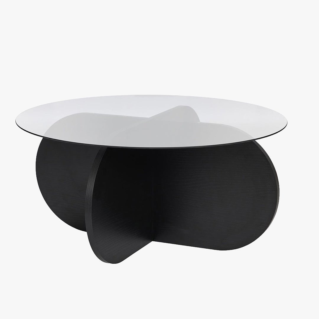 LILY Table basse ronde en verre piètement couleur bois noir D75 cm