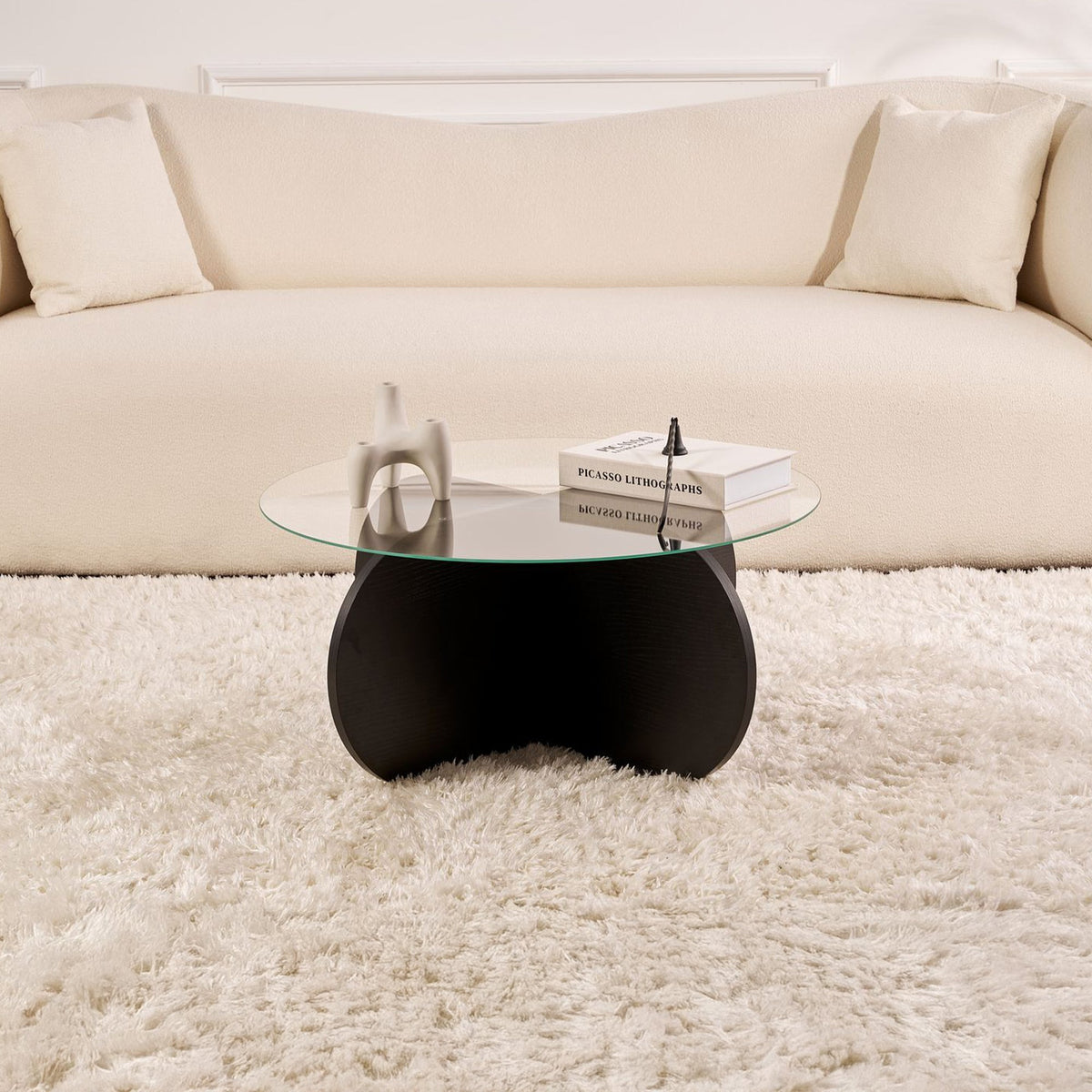 LILY Table basse ronde en verre piètement couleur bois noir D75 cm