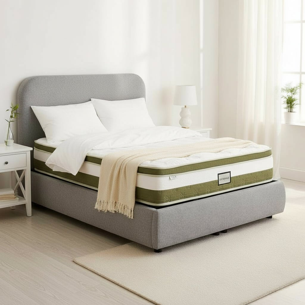 LINE Lit double en tissu gris vert avec coffre 140x190 cm