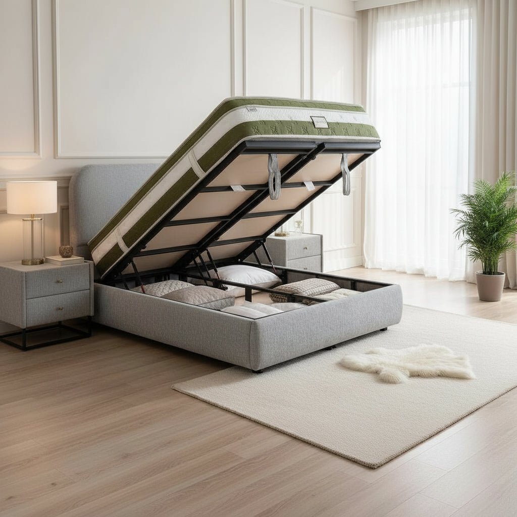 LINE Lit double en tissu gris vert avec coffre 180x200 cm