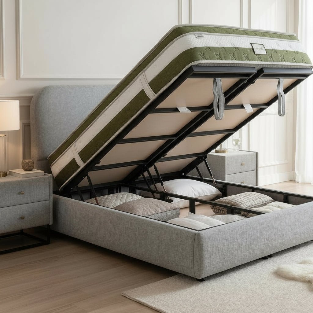 LINE Lit double en tissu gris vert avec coffre 180x200 cm